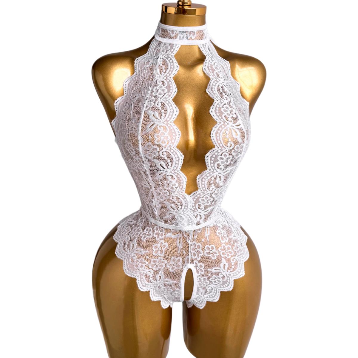 Lace Teddy Lingerie - White Halter Neck Floral Lace Teddies