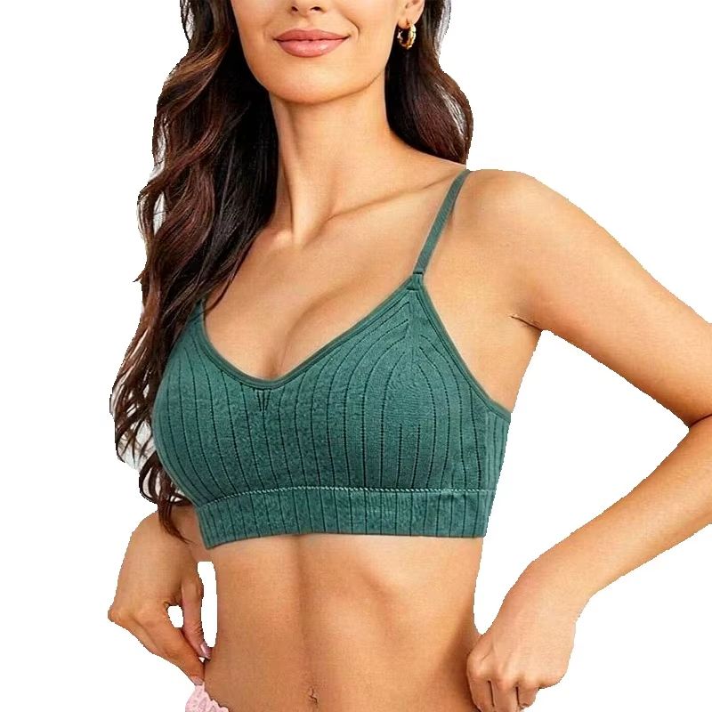 Bralette Wireless Soft - Women Ribbed Knit Wireless Bralette Adjustable