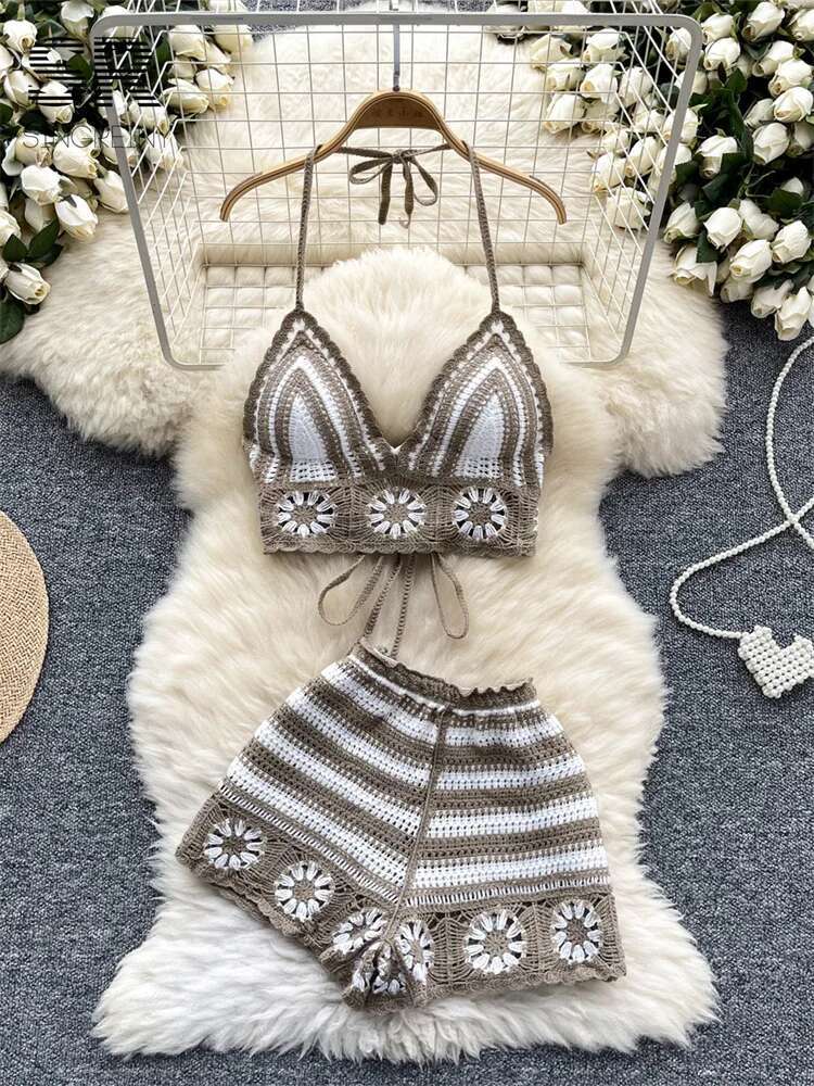 Beach Vacation Knit 2pcs Suits - Cami Top Lace 评论和价格