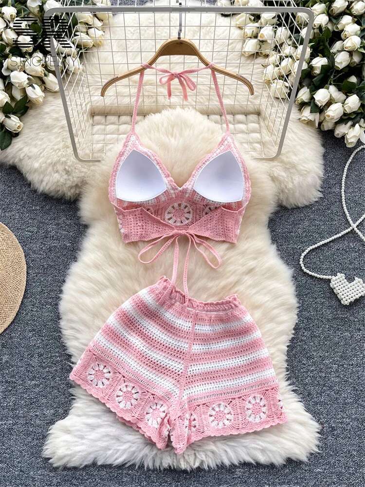 Beach Vacation Knit 2pcs Suits - Cami Top Lace 评论和价格