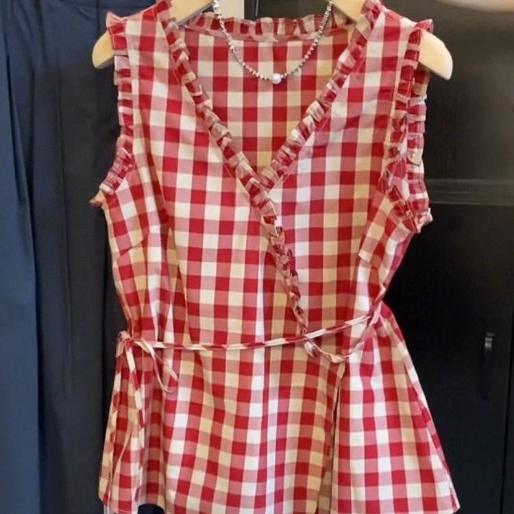 Retro Red Plaid Sleeveless Ves - Corset Waist Cinch 评论和价格