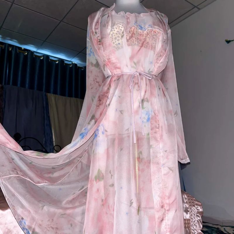 Pink Silk Printed See Through  - Robe Silk Women 评论和价格
