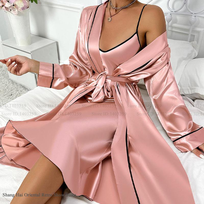 Sexy Long Twinset Robe Set Che - Robe Silk Women 评论和价格